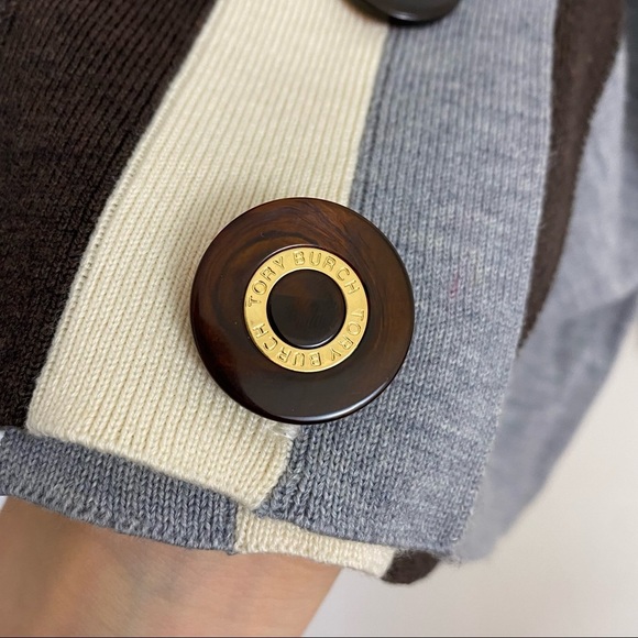 Tory Burch Caz Cardigan 100% Wool Grey Chimney Melange Colorblock Stripe Gray XS - Picture 6 of 8